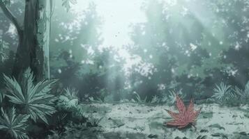 Serene forest scene with sunlight filtering through trees, featuring a single red leaf on the ground photo