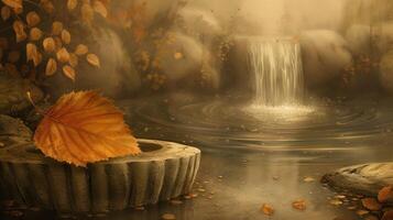 Tranquil autumn scene with a waterfall and fallen leaves beside a serene pond in nature photo