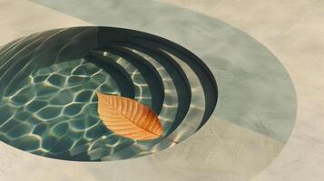 Serene water feature with a single leaf floating, showcasing tranquil steps and soft ripples photo