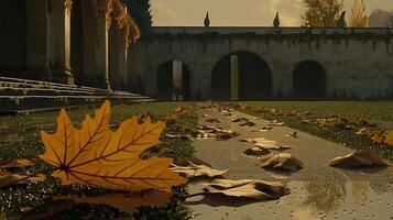 Autumn leaves scattered on a pathway in a serene garden with historic architecture and sunlight photo
