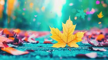 Vibrant autumn scene featuring a yellow leaf on a colorful forest floor with blurred background photo