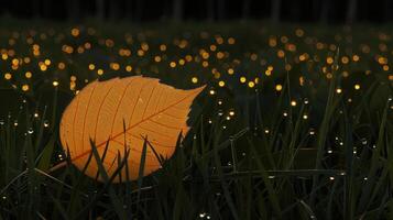Close-up of a vibrant orange leaf resting on dew-covered grass with glowing fireflies in the background photo