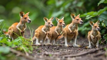 A group of five kangaroos walking along a forest path, surrounded by lush greenery and foliage photo