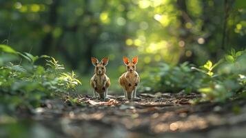 Two young animals standing on a forest path surrounded by lush greenery and soft sunlight photo