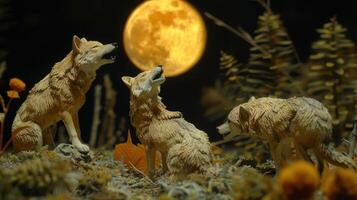 Three howling wolves under a full moon in a serene forest setting with autumn foliage photo