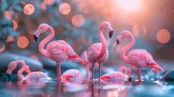 Group of pink flamingos standing and wading in tranquil water surrounded by soft bokeh lights photo