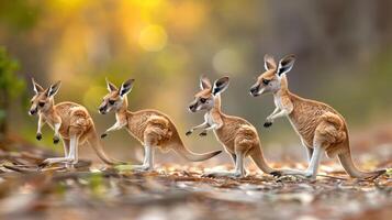 Four kangaroos of varying sizes hopping along a forest path with autumn foliage in the background photo