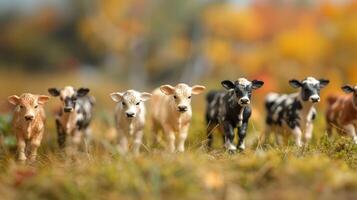 A line of playful calves walking through a vibrant autumn field, surrounded by colorful foliage photo