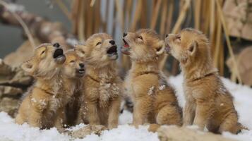Playful wolf pups howling together in a snowy environment with natural elements in the background photo
