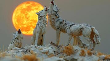 Four wolves howling at a giant moonrise, set against a rocky landscape with sparse vegetation photo