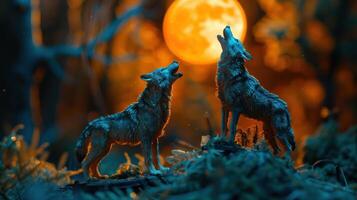 Two wolves howling under a full moon in a mystical forest with glowing foliage and shadows photo