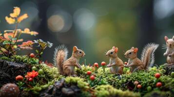 Playful squirrels interacting in a vibrant forest setting with colorful flora and soft bokeh background photo