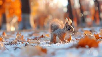 Squirrel scurrying through autumn leaves in a sunlit park surrounded by vibrant trees photo
