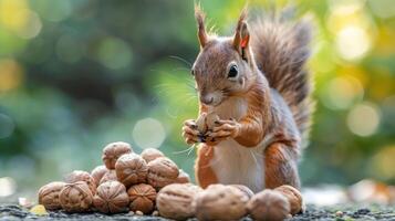 Squirrel cracking open a walnut amidst a pile of nuts in a vibrant, blurred natural setting photo