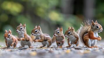 A playful group of six adorable squirrels running along a forest path, surrounded by greenery photo