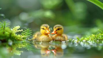 Two adorable ducklings swimming closely together in a serene pond surrounded by lush greenery photo