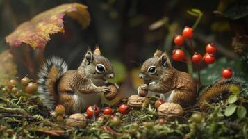 Two squirrels gathering nuts in a forest setting, surrounded by colorful foliage and berries photo