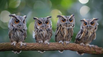Four owls perched on a branch in a lush green forest with soft bokeh background photo