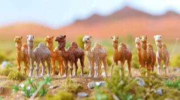 A group of toy camels standing in a desert landscape with mountains in the background photo