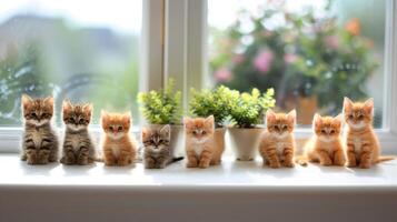 A delightful arrangement of playful kittens sitting on a windowsill with greenery in the background photo