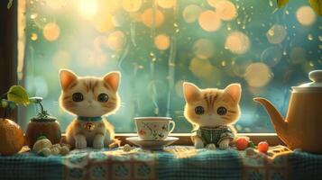 Two adorable kittens sitting by a rain-kissed window, enjoying a warm cup of tea in a cozy setting photo