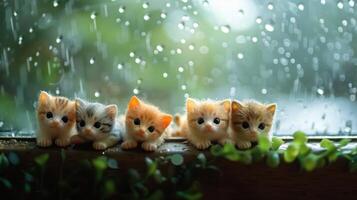 Five adorable kittens sitting on a windowsill during a rainy day, with raindrops on the glass photo