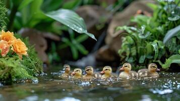 A serene scene of ducklings swimming in a lush, green pond surrounded by vibrant flowers photo