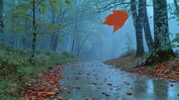 Tranquil autumn scene with a vibrant red leaf on a misty forest path surrounded by fallen leaves photo