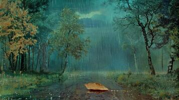 Serene Rainy Landscape with Leaf on Wet Path Surrounded by Lush Trees and Dramatic Sky photo