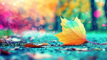 Vibrant autumn leaf resting on a colorful forest floor with blurred bokeh background photo