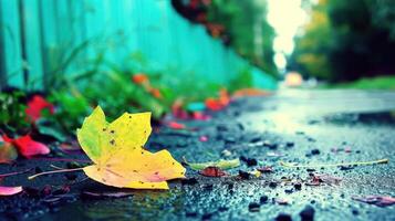 Colorful autumn leaf resting on wet pavement, surrounded by fallen leaves and blurred greenery photo