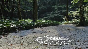 Serene forest path with decorative circular metal art surrounded by lush greenery and sunlight photo