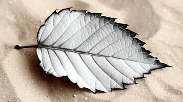 A detailed close-up of a white leaf resting on sandy ground with soft lighting, showcasing texture photo