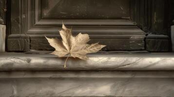A solitary dried maple leaf resting on a marble ledge near an ornate door in an autumn setting photo