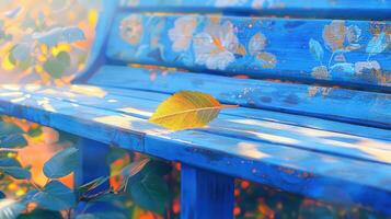 A vibrant autumn scene featuring a yellow leaf resting on a colorful blue bench in a sunny garden photo