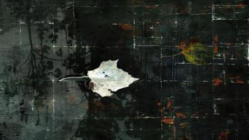 A solitary leaf resting on a textured surface, surrounded by abstract patterns and colors photo