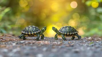 Two turtles walking on a gravel path in a lush green environment with soft bokeh background photo