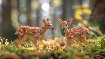 Two realistic deer figurines interacting playfully in a lush forest setting with soft sunlight filtering through trees photo