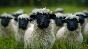 A herd of sheep with distinctive black faces grazing in a lush green meadow under a clear sky photo