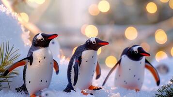 Three playful penguin figurines in a snowy setting with blurred festive lights in the background photo