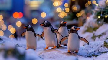 Four playful penguin figurines standing in a snowy landscape with colorful bokeh lights in the background photo