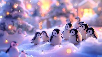 Playful penguins gathering in a snowy landscape adorned with twinkling lights and a cozy cabin photo