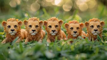 Five realistic lion figurines lying together in lush green grass with a soft bokeh background photo