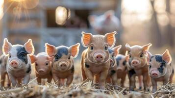 A group of playful piglets wandering through straw on a sunny farm, with a barn in the background photo