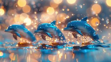 Three playful dolphins leap gracefully from shimmering water, surrounded by a bokeh of light photo