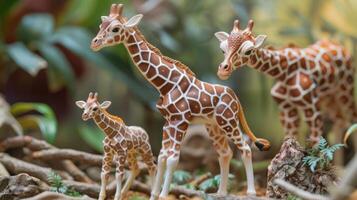 Three intricately designed giraffe figurines amidst lush greenery and natural decor photo