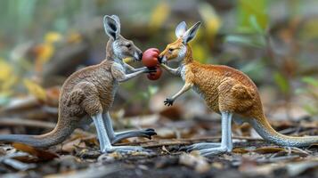 Two kangaroos playfully exchanging a red fruit in a vibrant natural setting with foliage photo