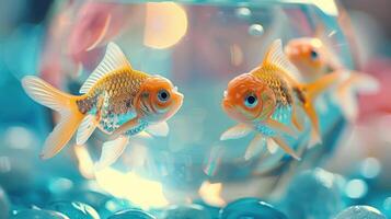 Three vibrant goldfish swimming in a clear bowl surrounded by colorful pebbles and reflections photo