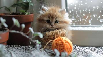 Adorable fluffy kitten playfully entangled in yarn near a rain-soaked window with plants photo