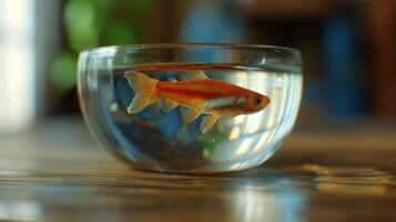 A vibrant goldfish swimming gracefully in a clear bowl on a wooden surface, with greenery in the background photo